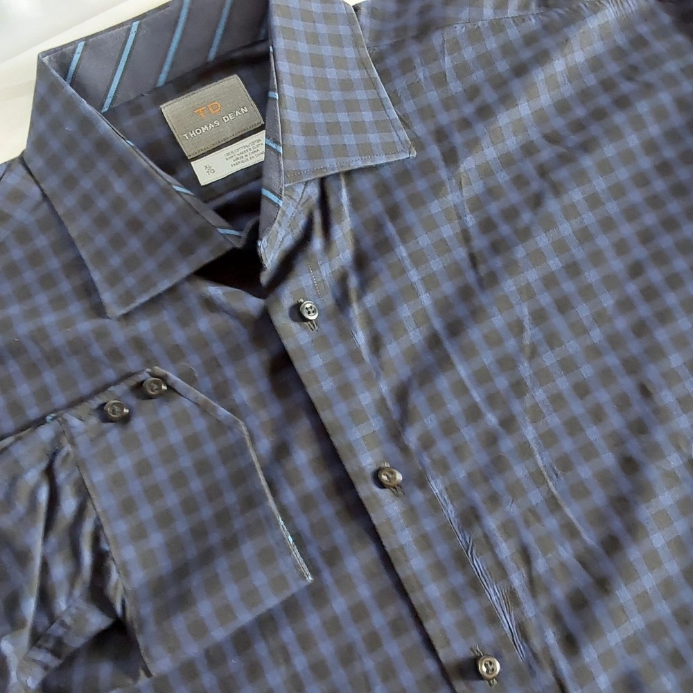 Thomas Dean Mens Long Sleeve‎ Blue & Black Check Dress Shirt Flip Cuff Size XL